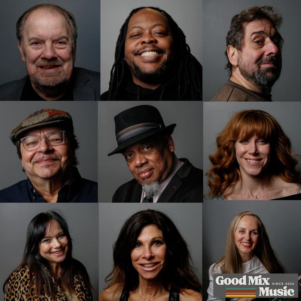Headshot grid of the nine Good Mix Music band members (Since 2022)